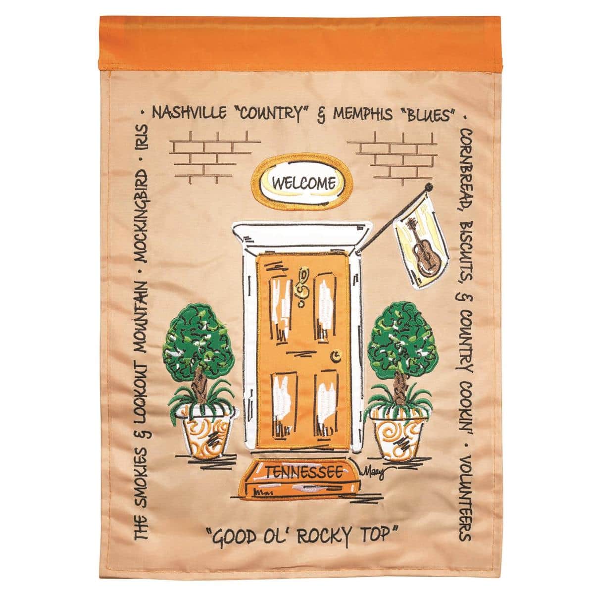 Close-up of 13x18 Tennessee Frontdoor Garden Flag with double applique state emblem displayed on a porch pole and reinforced stitched edges.