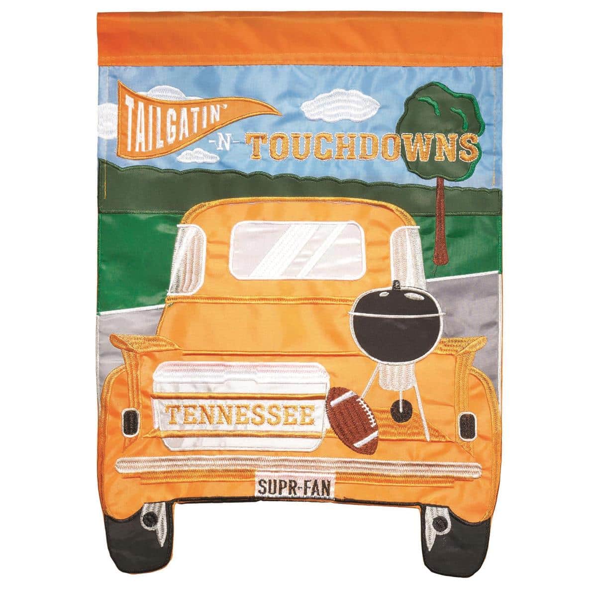 Outdoor Tennessee Tailgatin Applique flag with layered double-applique stitching, bold state-pride tailgate graphics, and vivid colors flying outside a home.