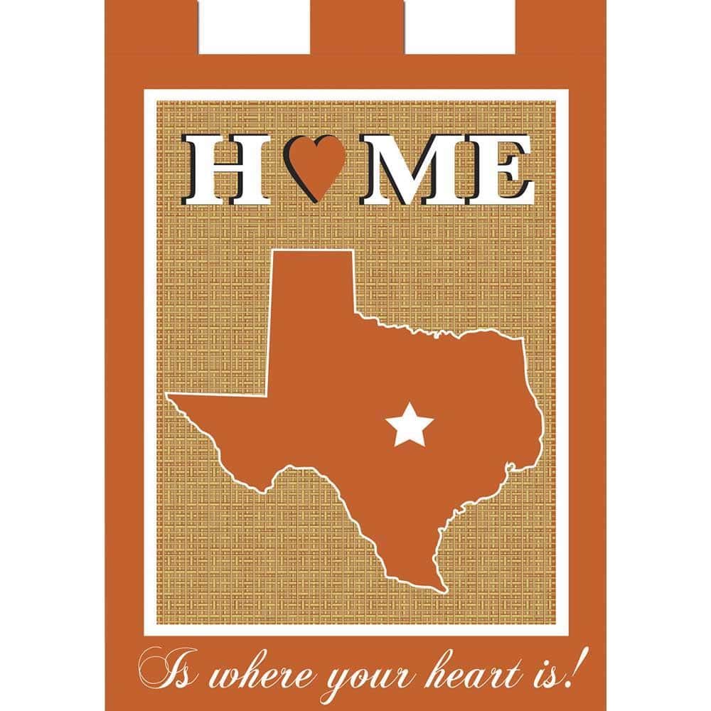 13x18 Texas Home orange and white double applique garden flag displayed on a lawn with Game Day styling, reinforced sleeve, and stitched edges for standard garden poles