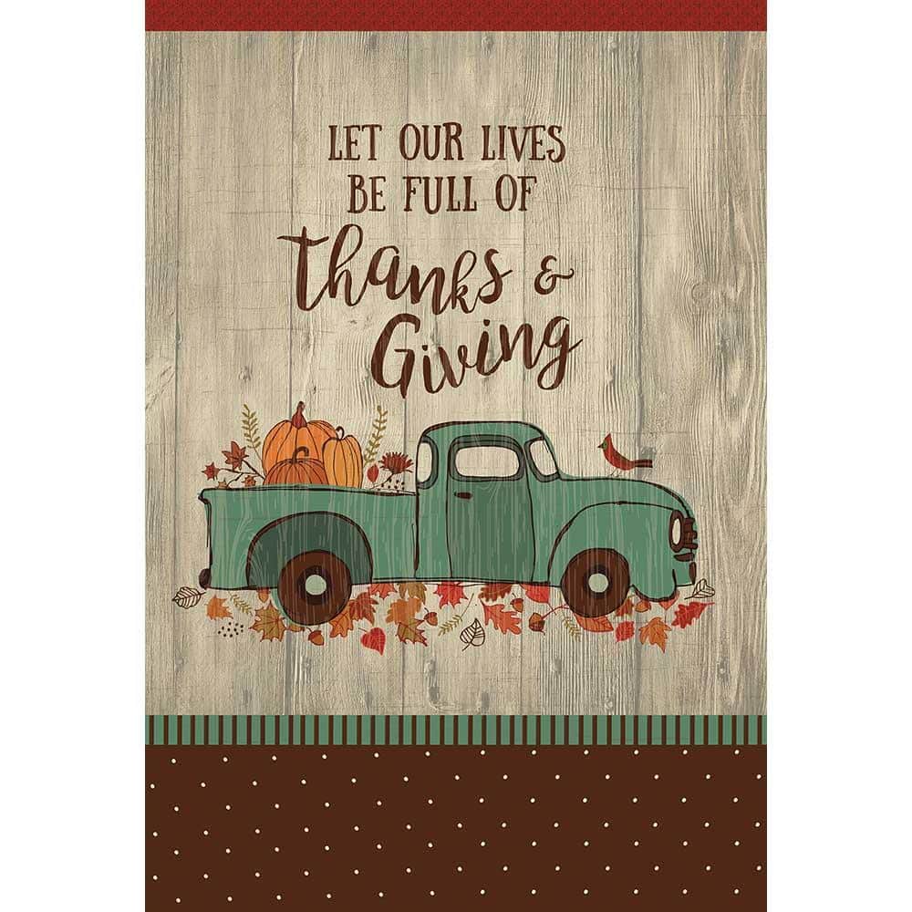 13x18 Thanks & Giving Truck garden flag printed with vintage harvest truck carrying pumpkins and autumn foliage for Thanksgiving yard and porch decor.
