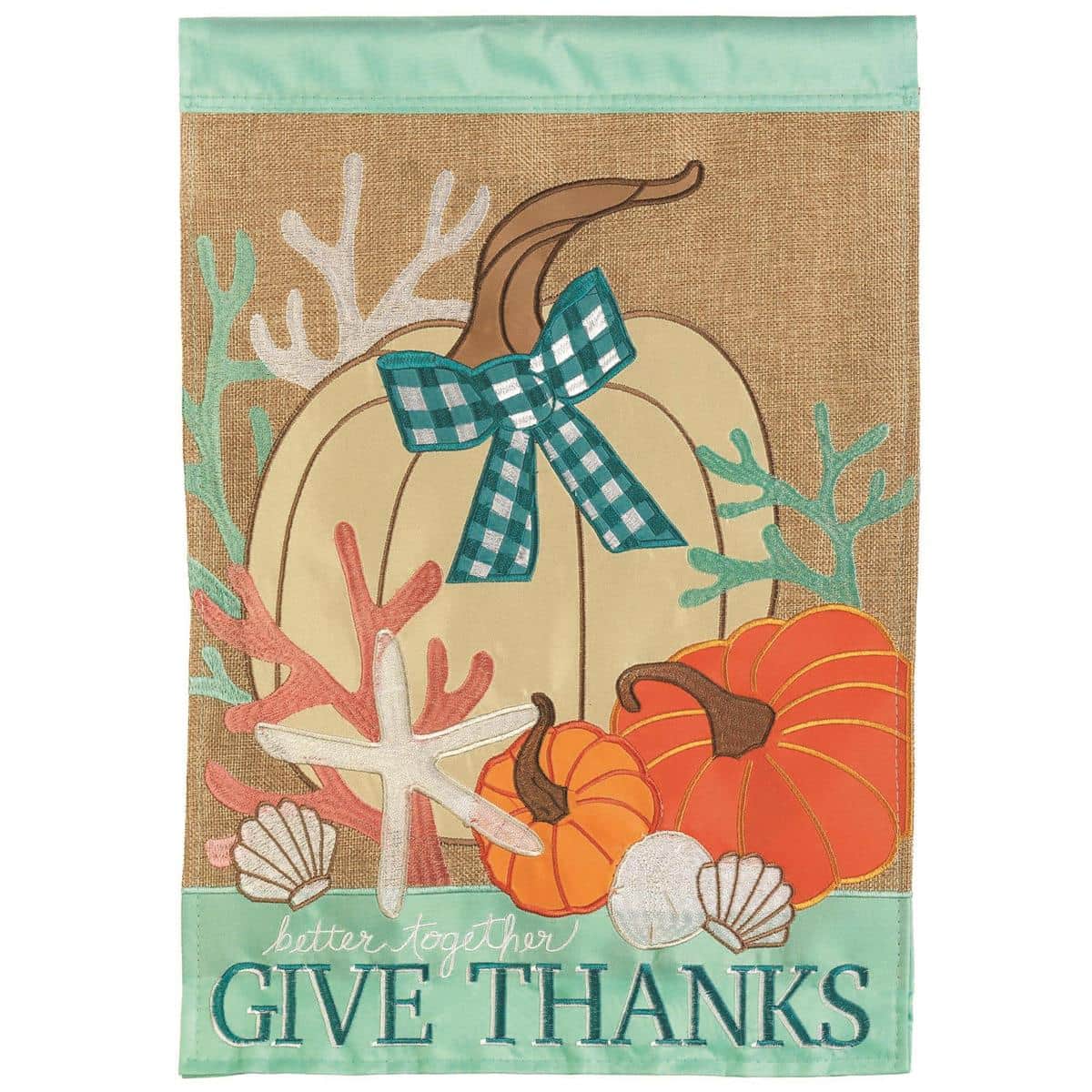 13x18 Thanksgiving Coastal Garden Flag with pumpkins, shells, starfish, and seagrass in teal and sand hues, premium double applique, on a garden stand.