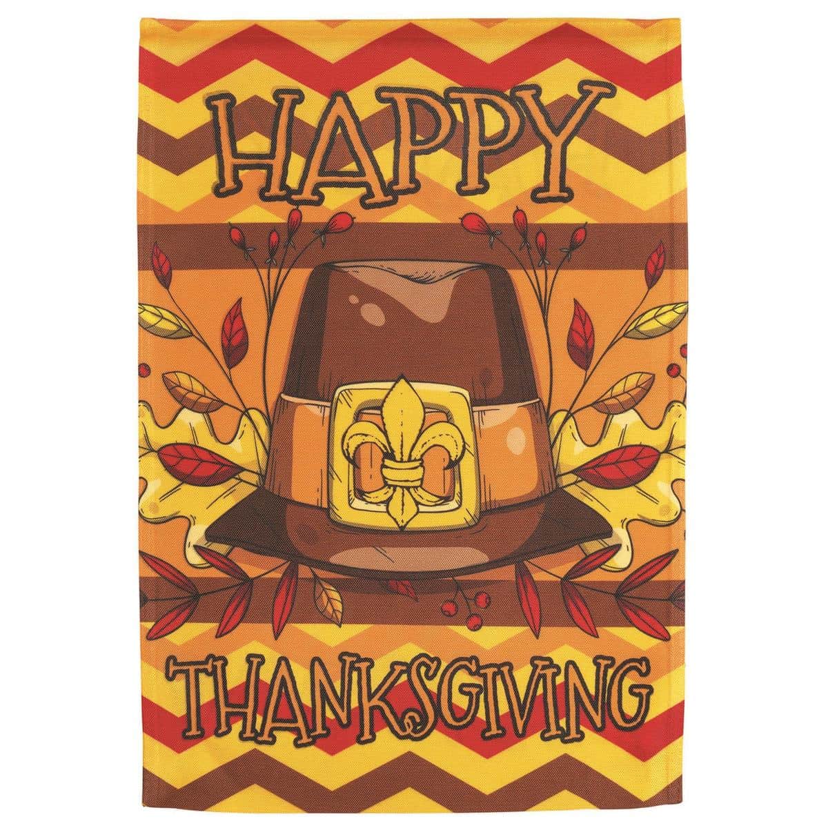 30x44 Thanksgiving banner flag with gold fleur-de-lis and autumn leaf motifs printed on durable polyester, displayed on a porch pole for Louisiana-inspired seasonal decor.