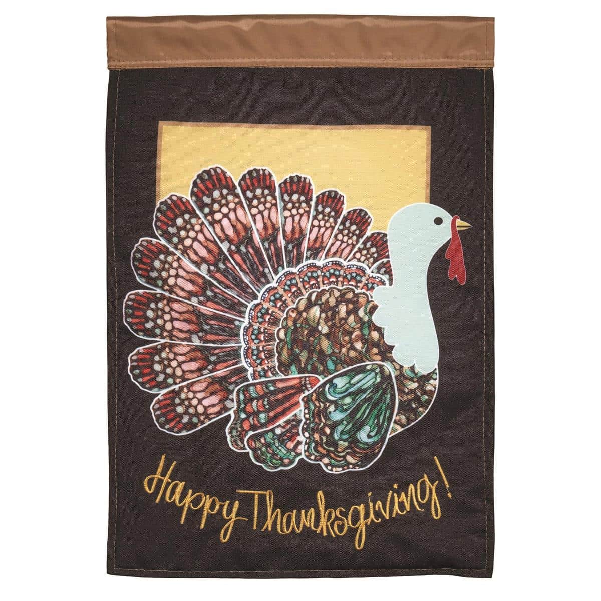 13x18 Thanksgiving Turkey garden flag Double-Applique-Plus showing a cheerful turkey with autumn leaves and pumpkins, layered fabric details and stitched accents for porch or yard display