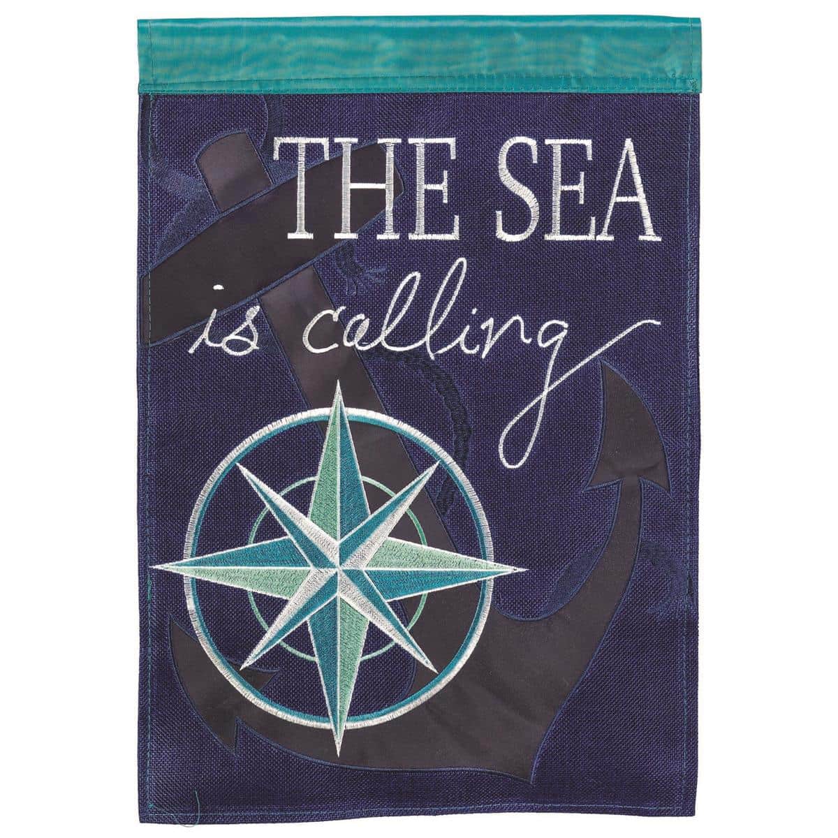 13x18 burlap garden flag reading "The Sea Is Calling" with double applique sailboat and seagull motifs in coastal blues and sandy neutrals, designed for small garden poles and porch display.