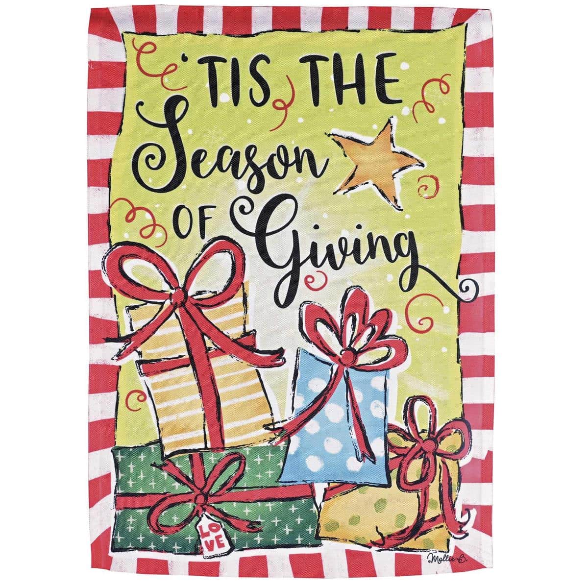 Holiday flag featuring a wrapped present design and the Season Of Giving message printed on durable outdoor fabric with reinforced sleeve for porch, garden, or indoor seasonal display.
