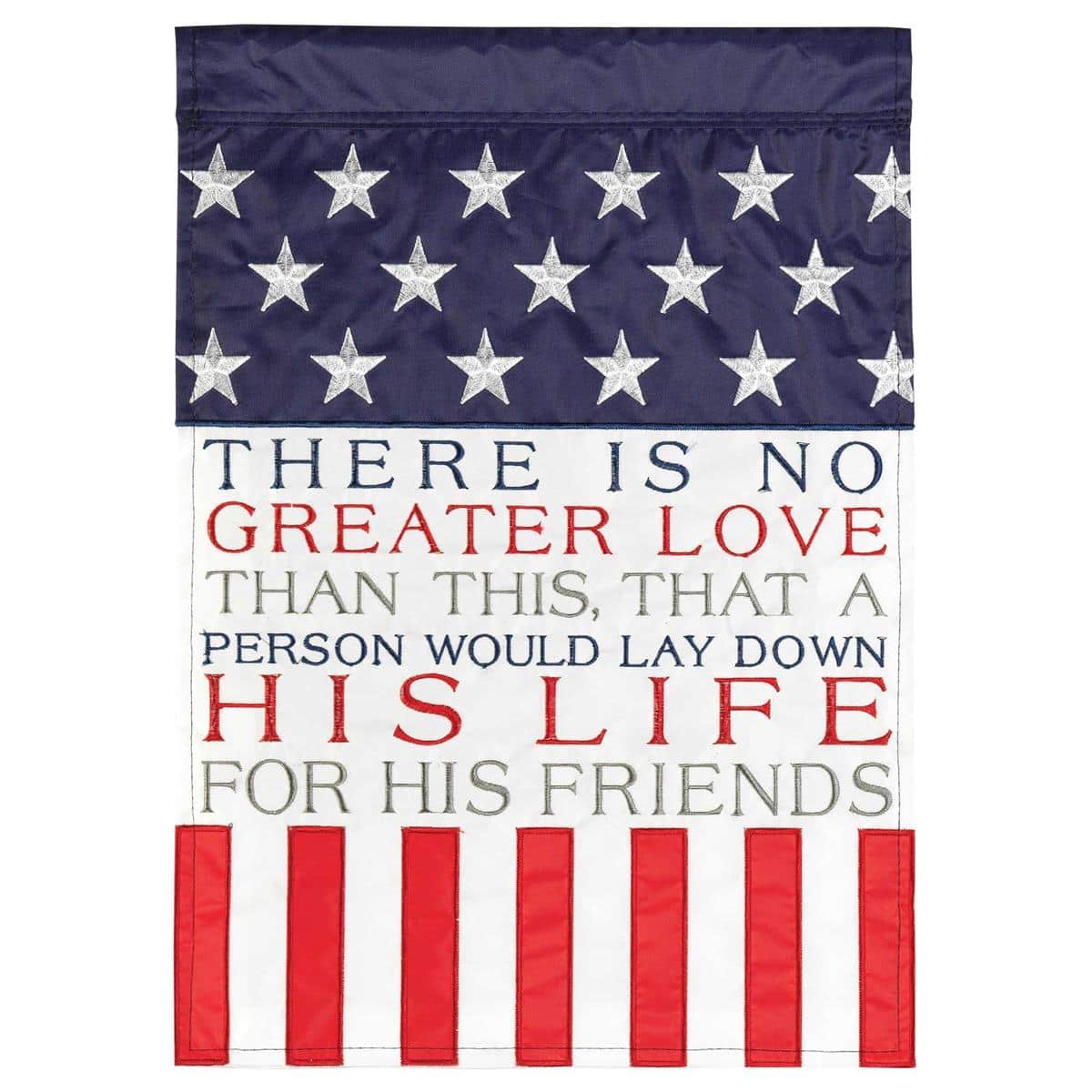 13x18 double applique garden flag reading "There Is No Greater Love" with layered fabric textures and decorative lettering shown on a yard flag stand.