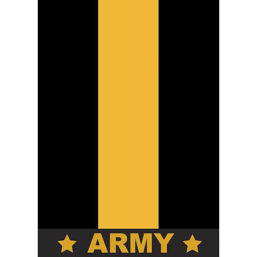 29x42 inch Thin Line Army double applique banner flag with subdued olive and black palette and a centered thin stripe, displayed hanging on a porch rail.
