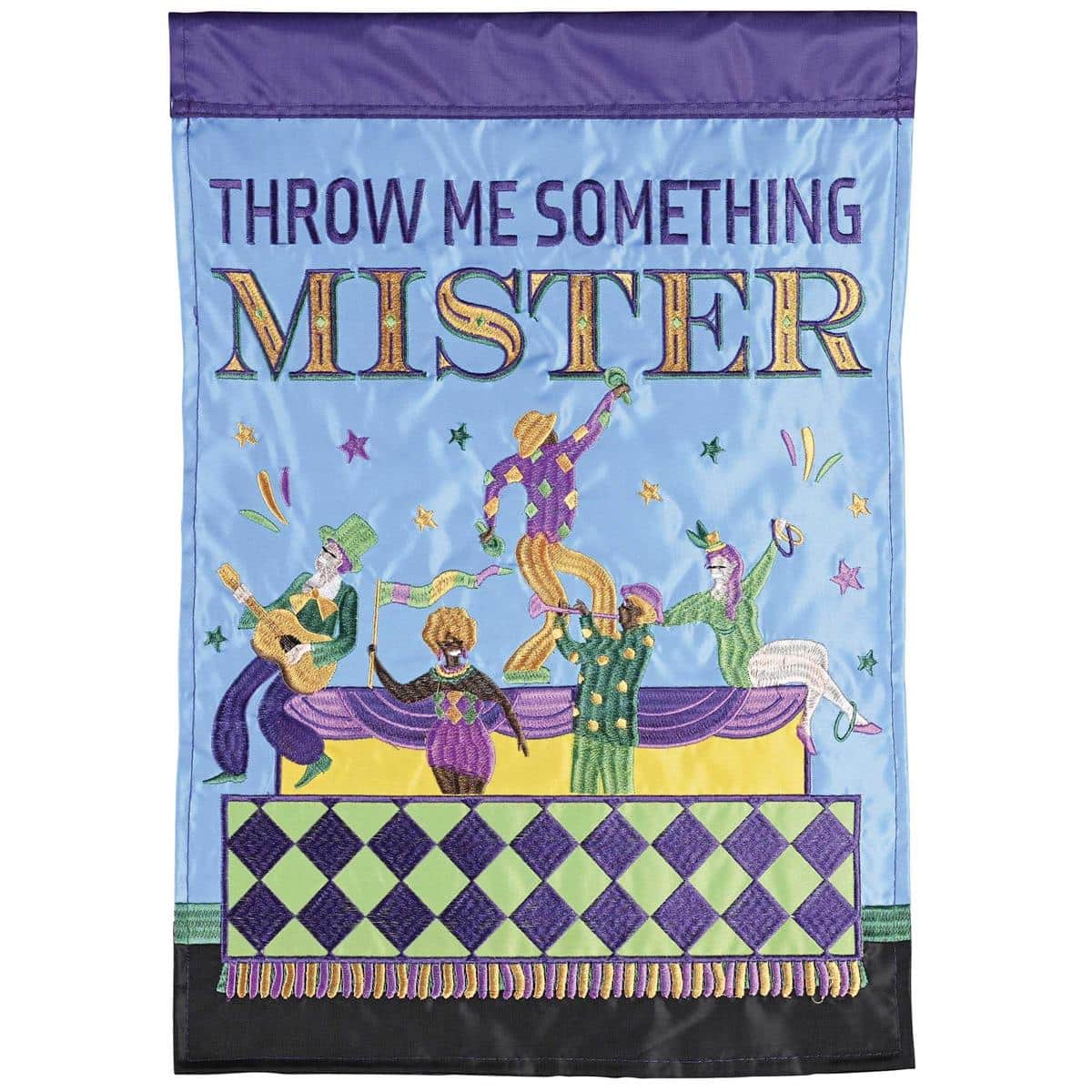 LA-MardiGras Throw Me Something Mister double applique flag showing purple, green, and gold beads, mask, jester hat, and fleur-de-lis, two sided outdoor banner