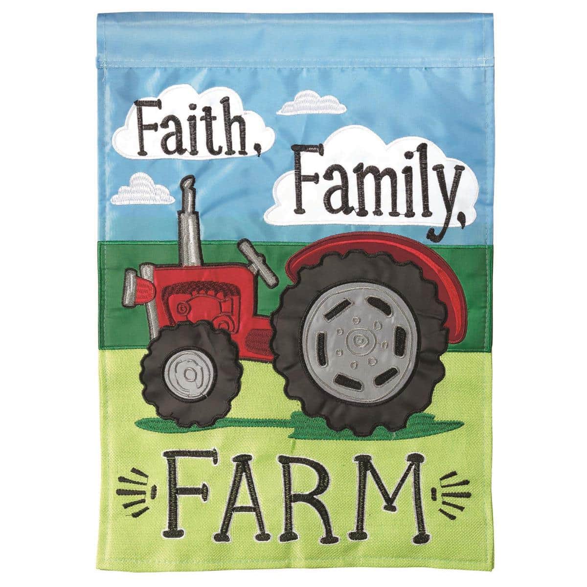 Green tractor Faith Family double applique 13x18 garden flag, embroidered and two-sided, displayed outdoors on a standard stand in farmhouse style.