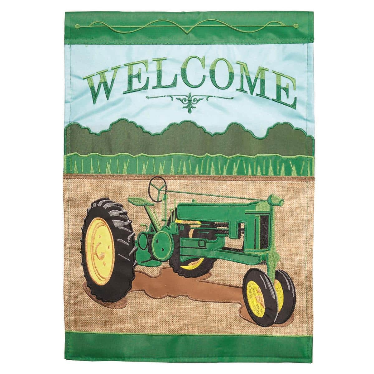 13x18 Tractor Welcome Garden Flag featuring a layered double applique tractor design and bold "Welcome" text, shown mounted on a garden pole in front of a farmhouse porch
