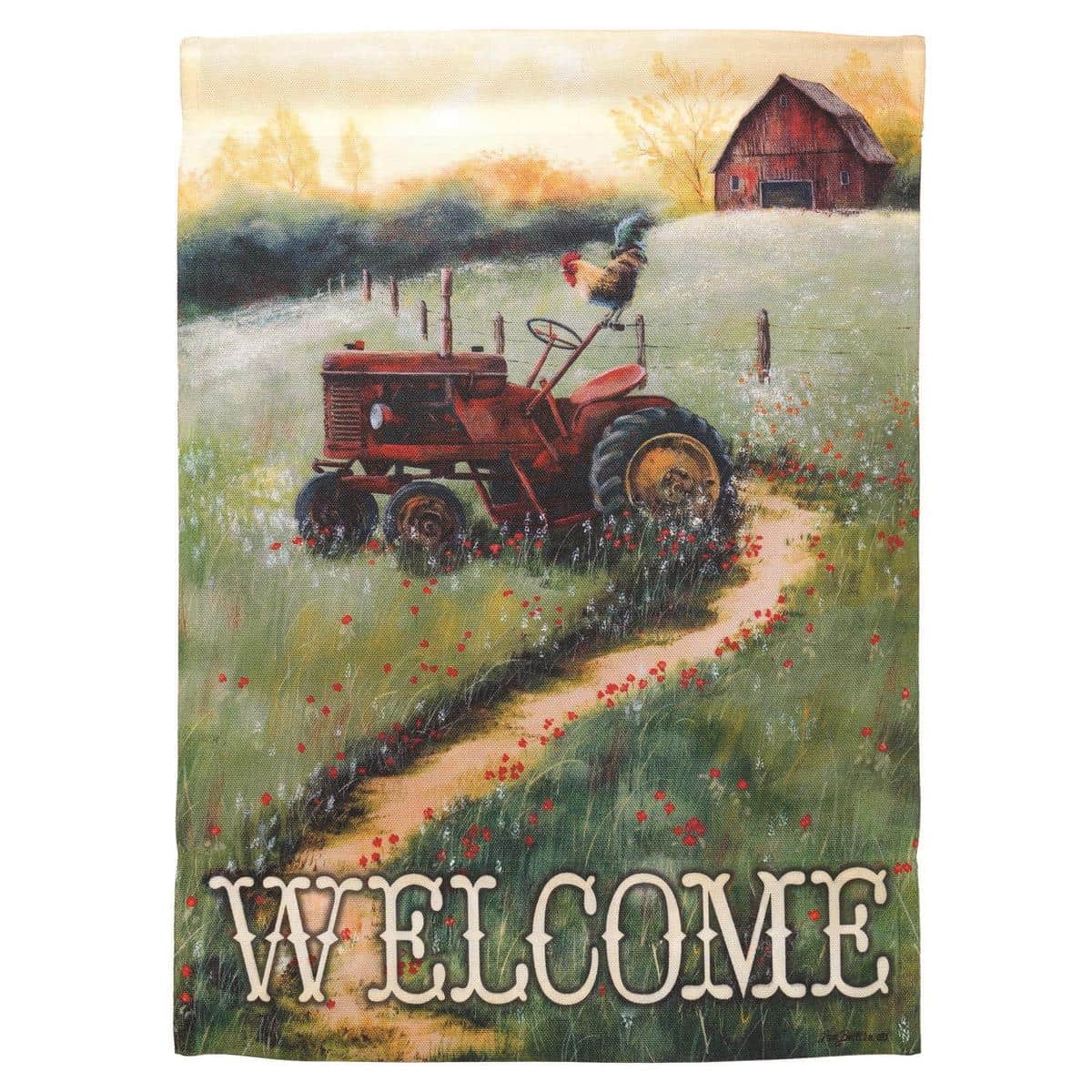 13x18 printed Tractor Welcome garden flag with green tractor illustration and 'Welcome' text, sewn top sleeve for standard flag pole, farmhouse outdoor yard decoration.