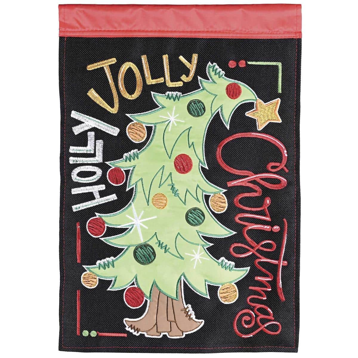 Tree Holly Jolly 29x42 double applique banner flag showing hand-stitched holly leaves, red berries, decorated evergreen tree and bold "Holly Jolly" lettering on a festive green background.
