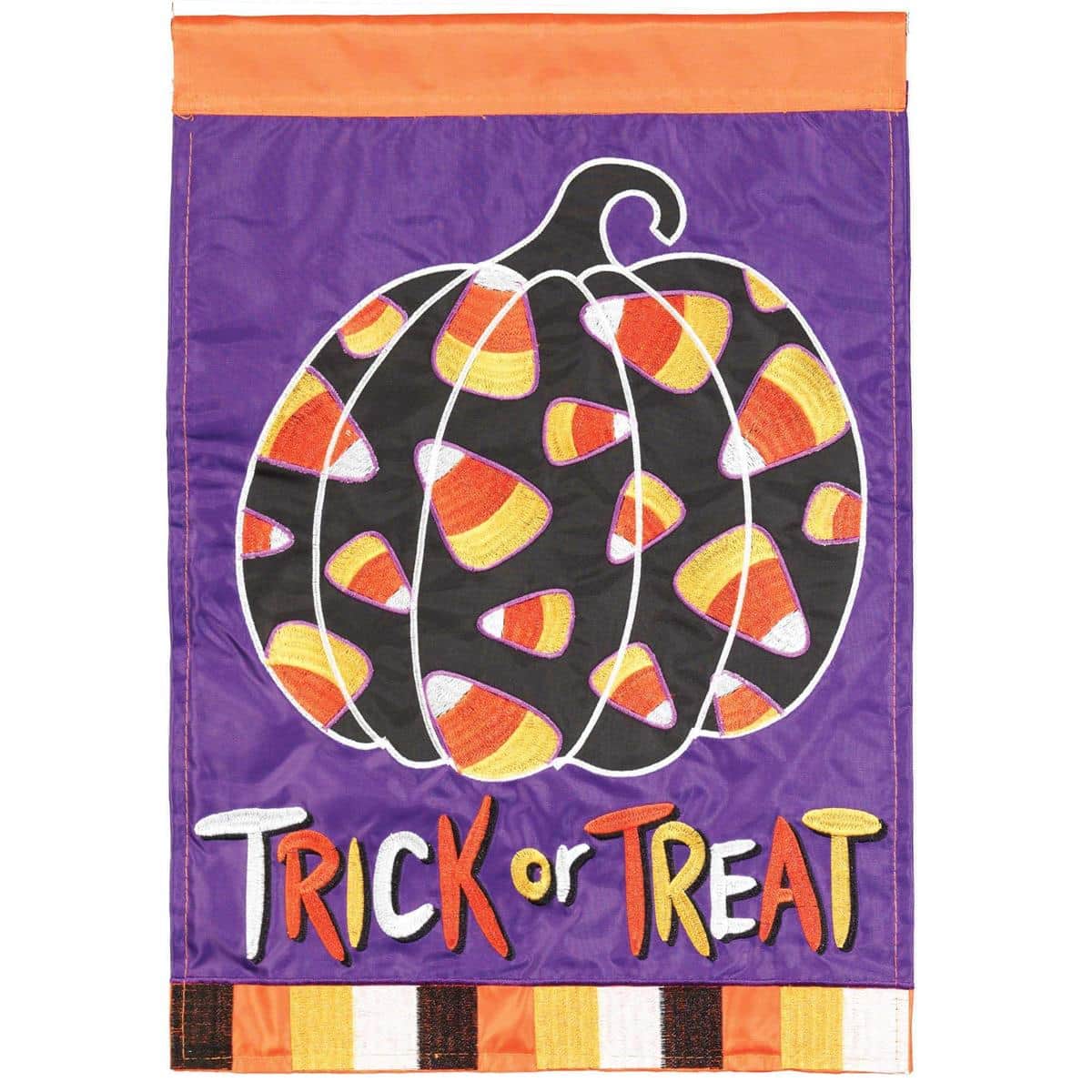 Orange and black Trick Or Treat Candy Corn double applique 29x42 Halloween banner flag with layered applique, embroidered details, and two-sided readability