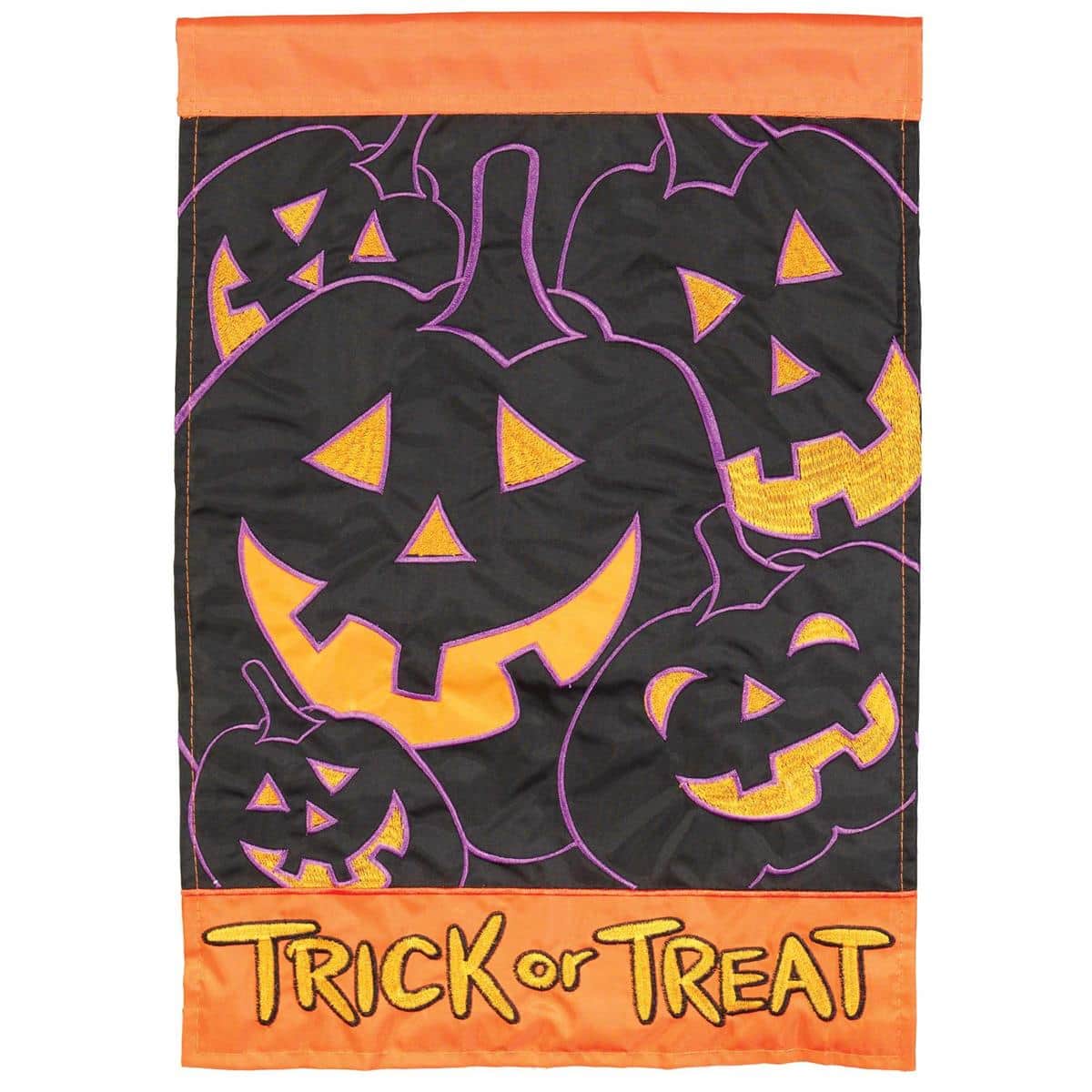 Main product image alt text: 13 x 18-inch Trick Or Treat Jackolanterns double applique garden flag with playful pumpkin faces in orange and black HallowJackOL style.