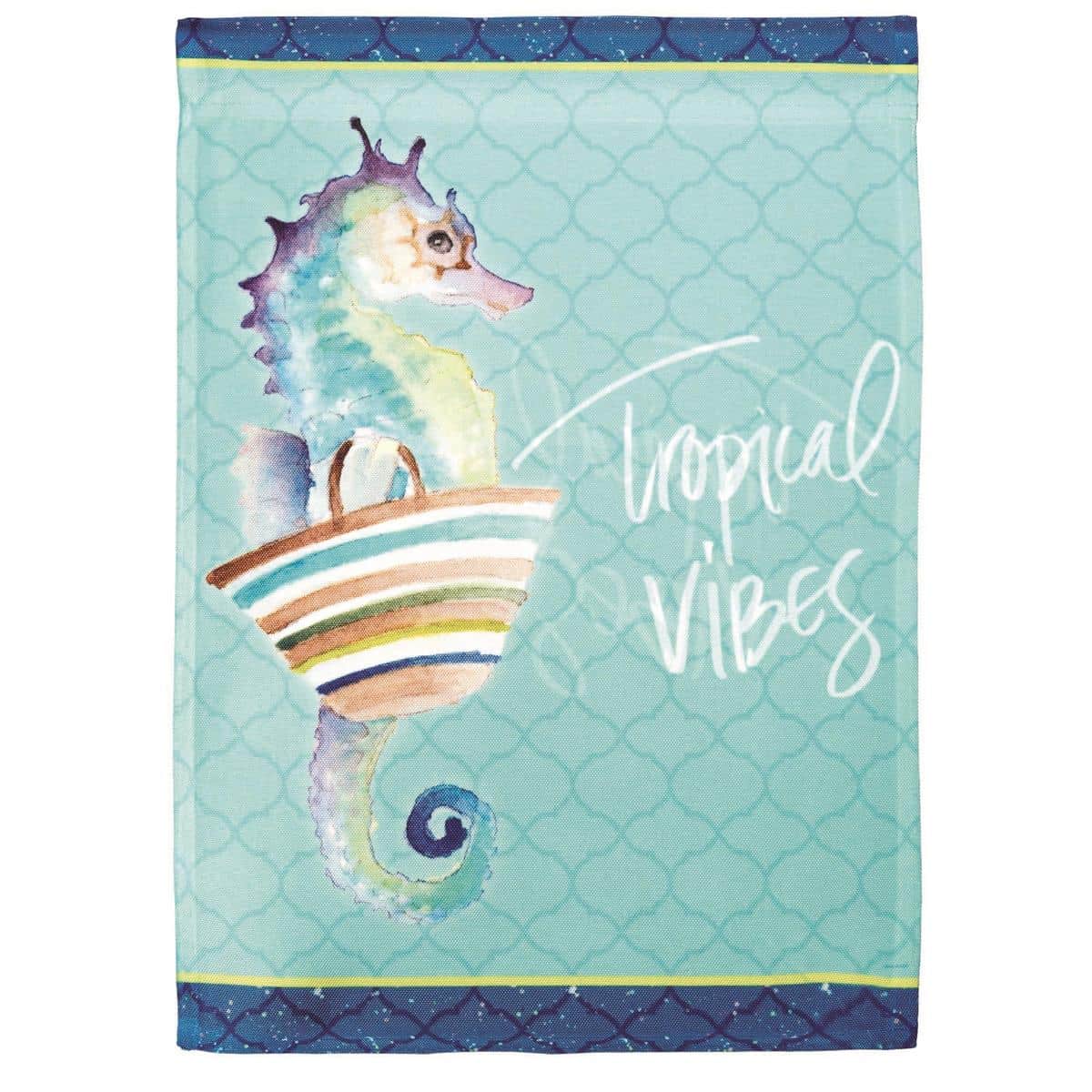 Tropical Vibes 13x18 garden flag showing bright palm leaves, hibiscus blooms and tropical accents on a coastal blue background, ideal for porch or garden display.