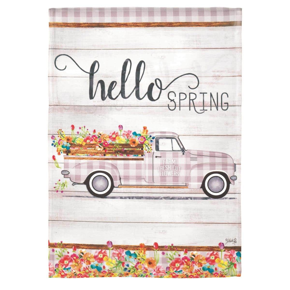 13x18 printed garden flag showing a vintage truck overflowing with spring flowers and a clear "Hello Spring" message, ideal for porch, yard, planter or walkway display.