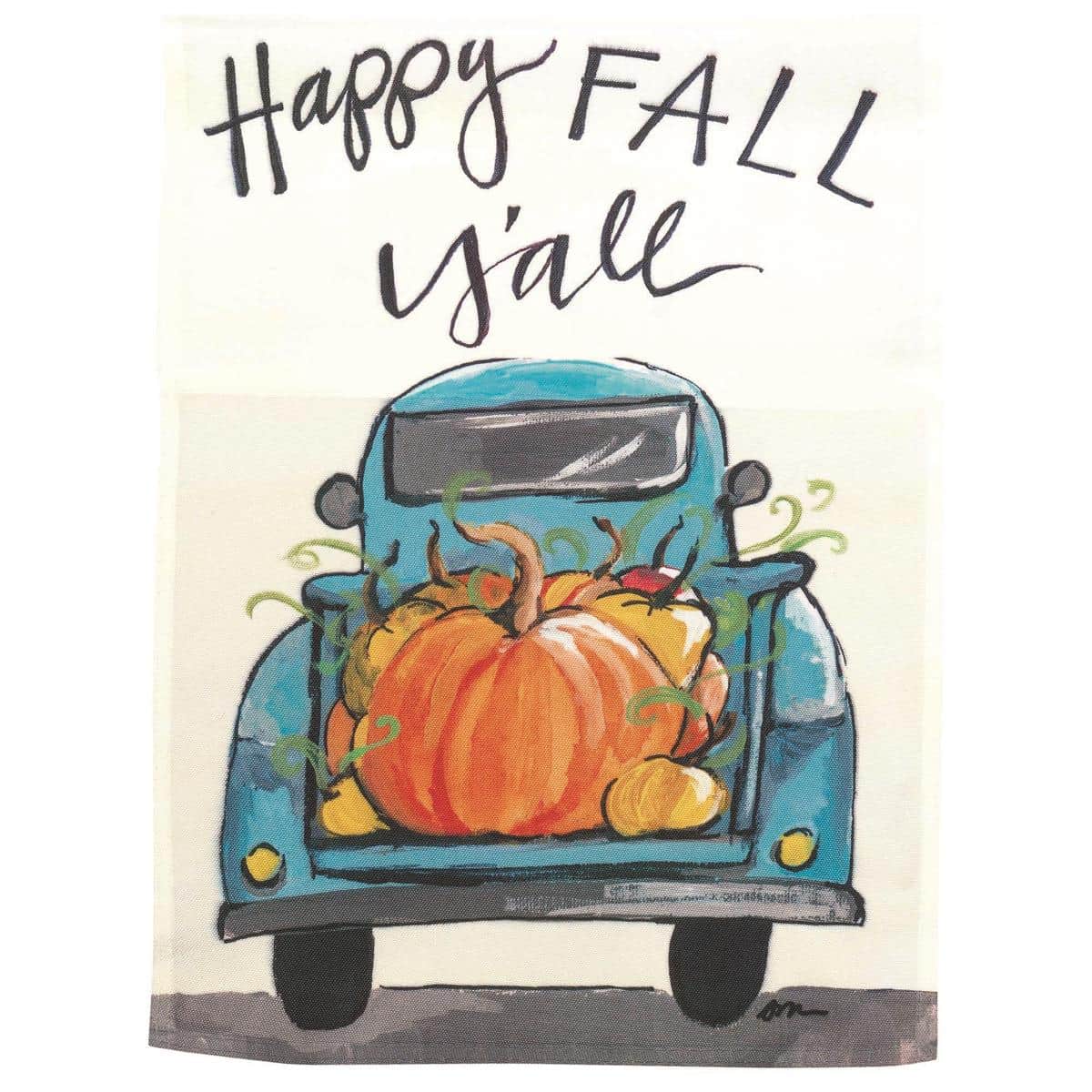 30x44 Truck With Pumpkins fall banner flag showing a vintage pickup loaded with bright orange pumpkins and autumn foliage, printed on durable polyester for outdoor porch display.