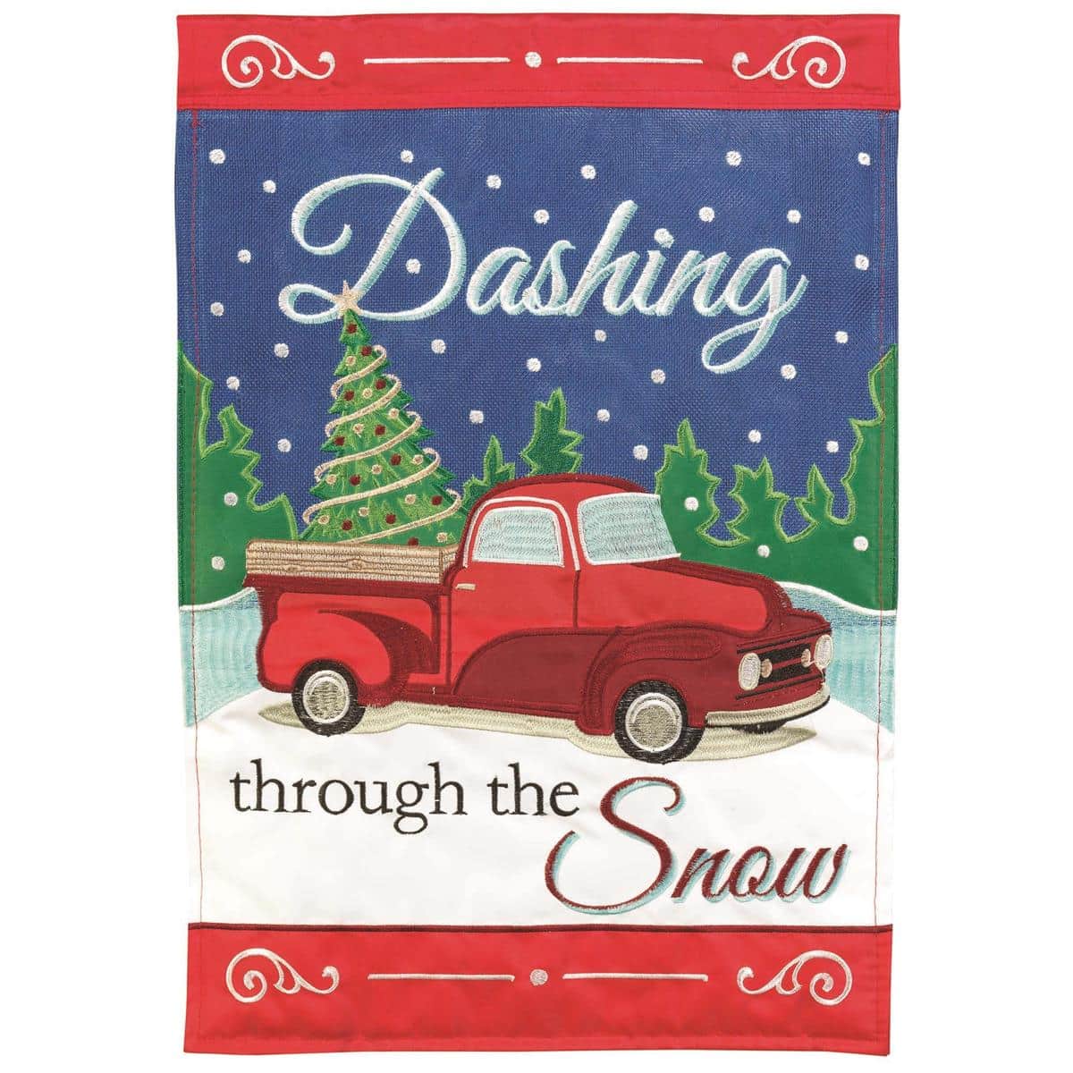 Festive vintage red truck carrying a Christmas tree applique on a 29 by 42 inch double applique banner flag for outdoor holiday porch and yard decoration, shown on a metal pole.