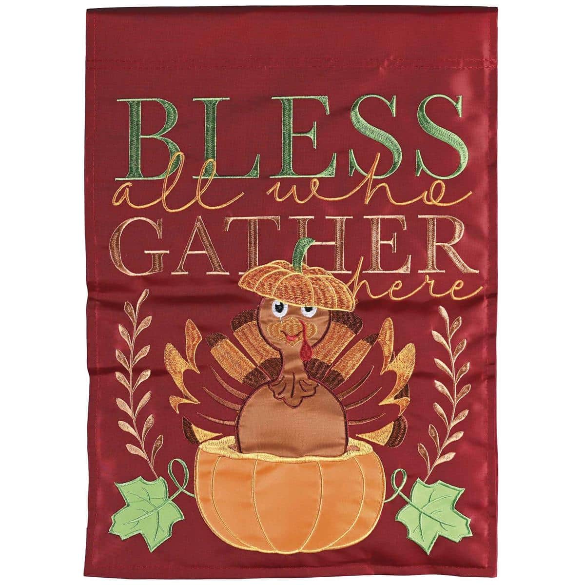 13x18 double applique garden flag featuring a turkey with autumn foliage and the inscription 'Bless All Who Gather' for porch or garden display.