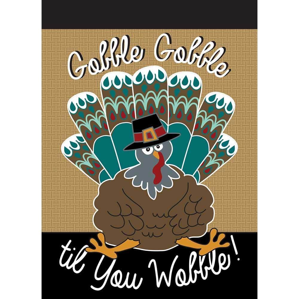 29x42 Thanksgiving turkey burlap banner flag with double applique turkey motif on a textured burlap face, reinforced pole sleeve and stitched hem for seasonal porch display