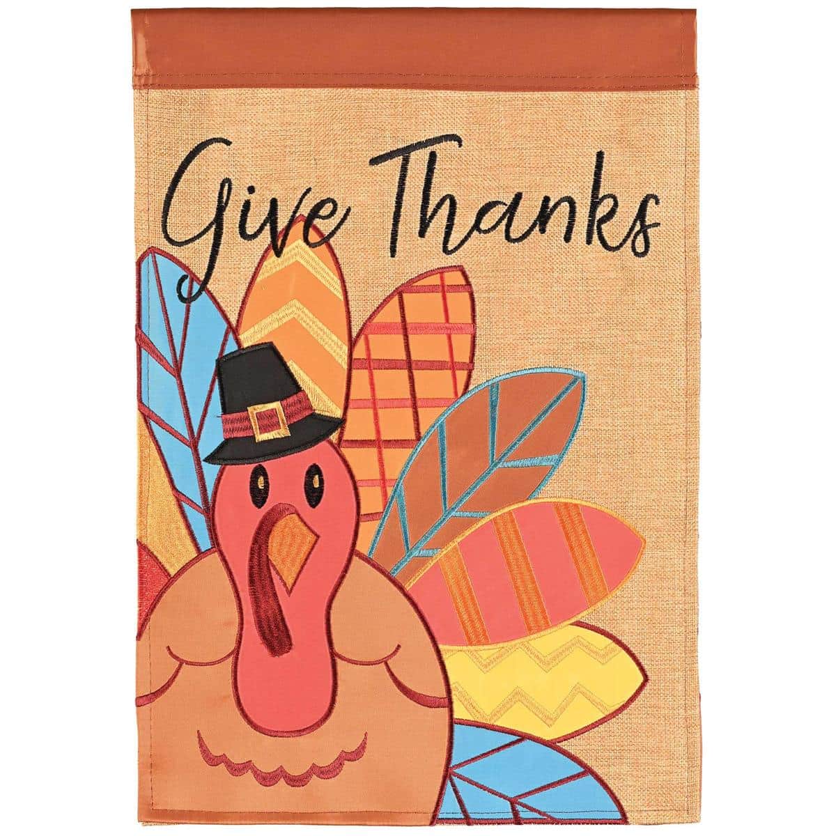 13x18 Thanksgiving garden flag showing a layered double applique turkey, warm fall colors, and the phrase Give Thanks for porch or garden display.
