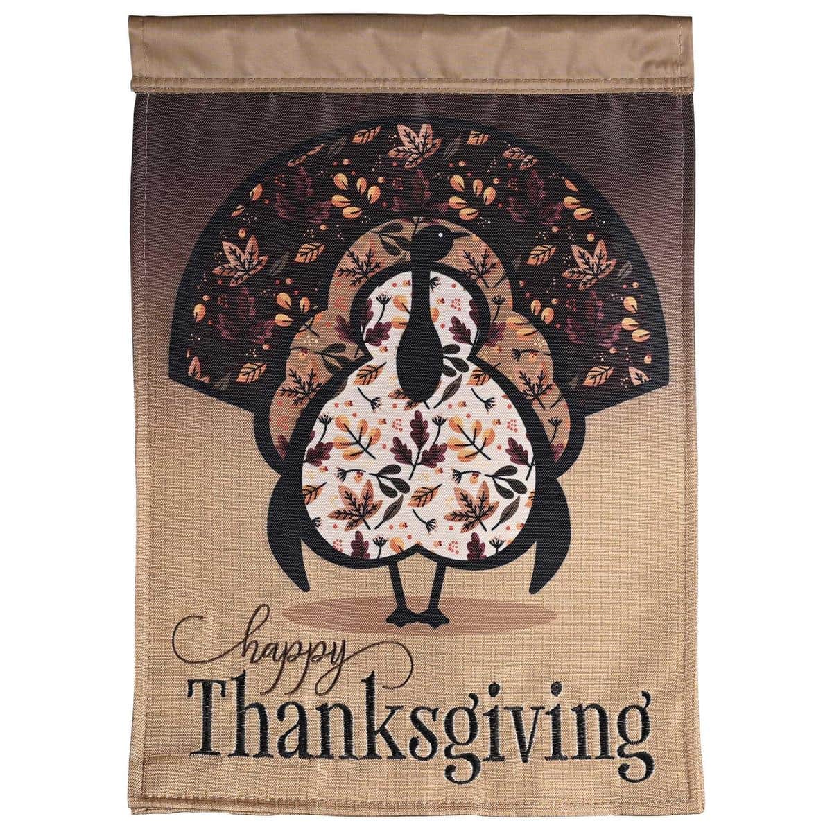 13x18 Double Applique Plus turkey Happy Thanksgiving garden flag, double-sided with embroidered details and autumn accents, top pole sleeve fits standard garden stands