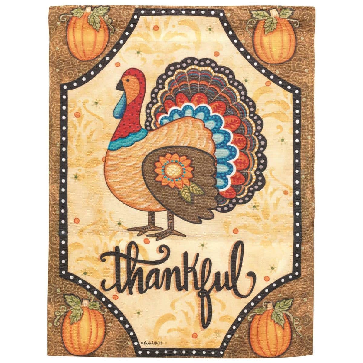 30x44 Turkey Thankful printed banner flag showing a cheerful turkey illustration with fall leaves and the large word Thankful, displayed hanging on a porch pole for seasonal Thanksgiving decor.