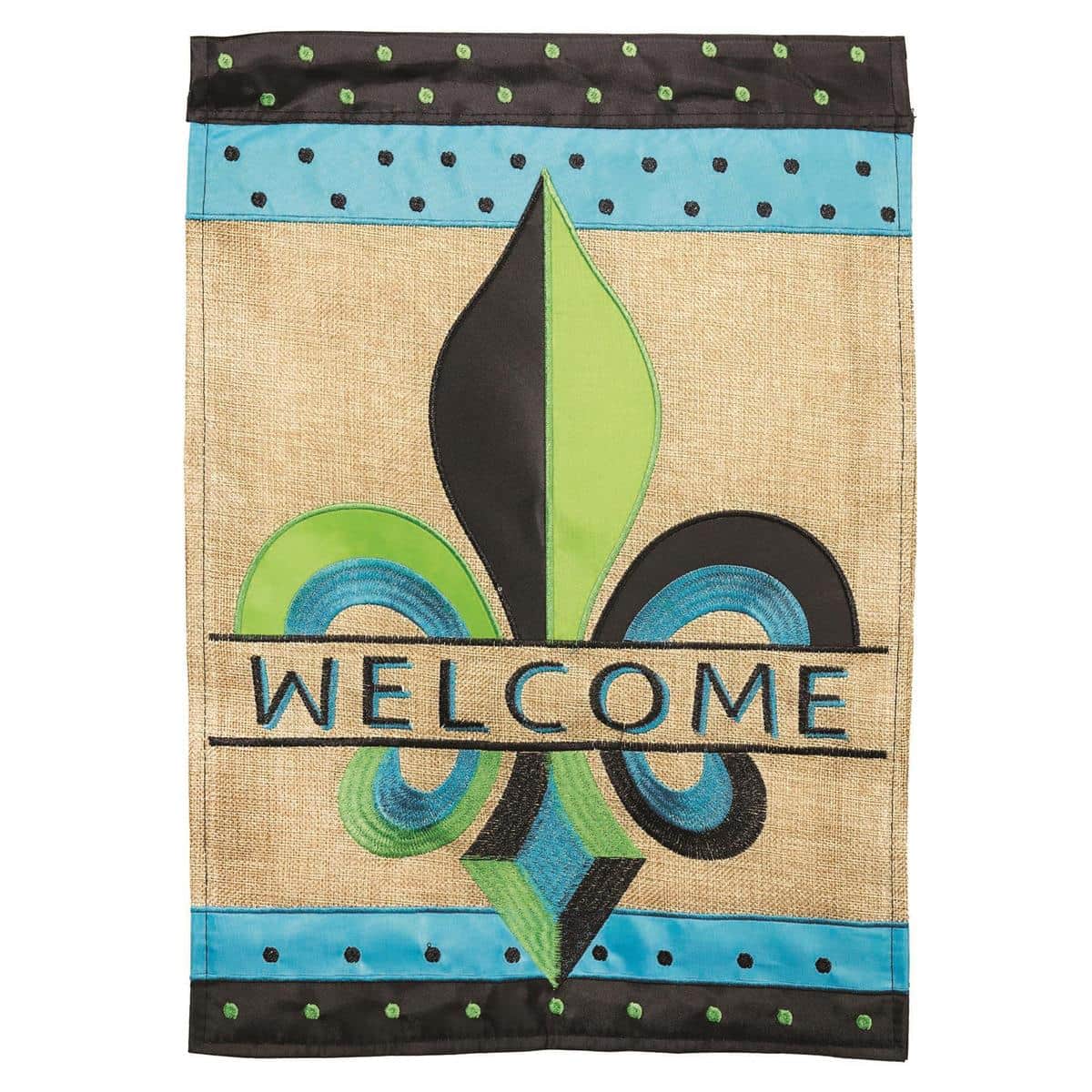 Double applique two-tone fleur-de-lis banner flag 29 by 42 inches displayed on a porch with a visible rod pocket and crisp layered applique detail.