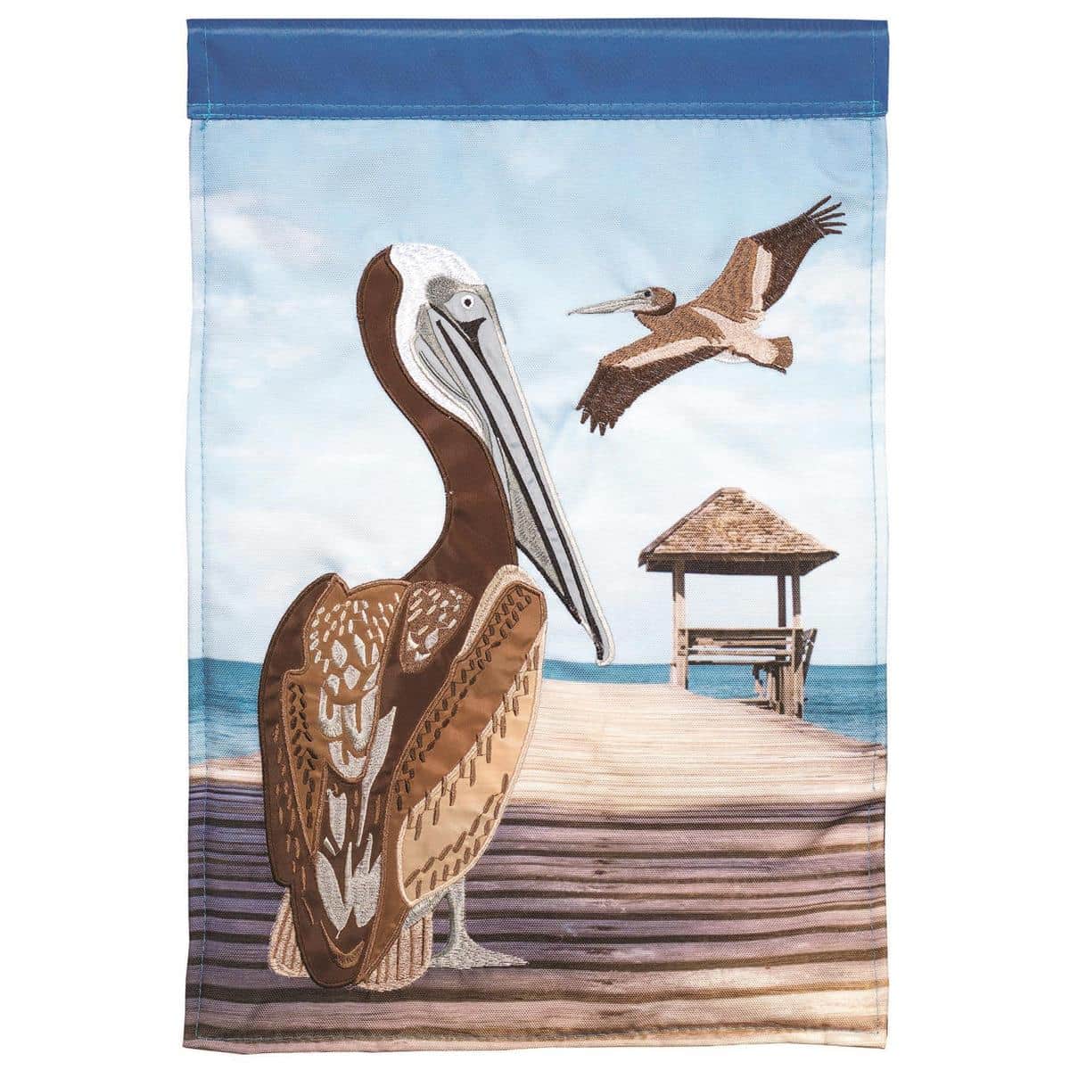 Two Pelicans Garden Flag in 13 x 18 size, layered double applique coastal birds on pilings with blue sea and sky, sturdy pole sleeve, outdoor yard decor.