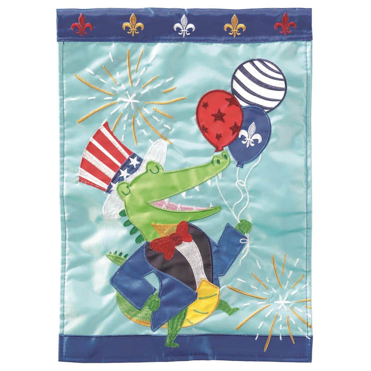 Patriotic Uncle Sam Alligator double applique garden flag, 13x18 inches, red white and blue layers with stars and stripes, top pole sleeve shown on a yard stake.