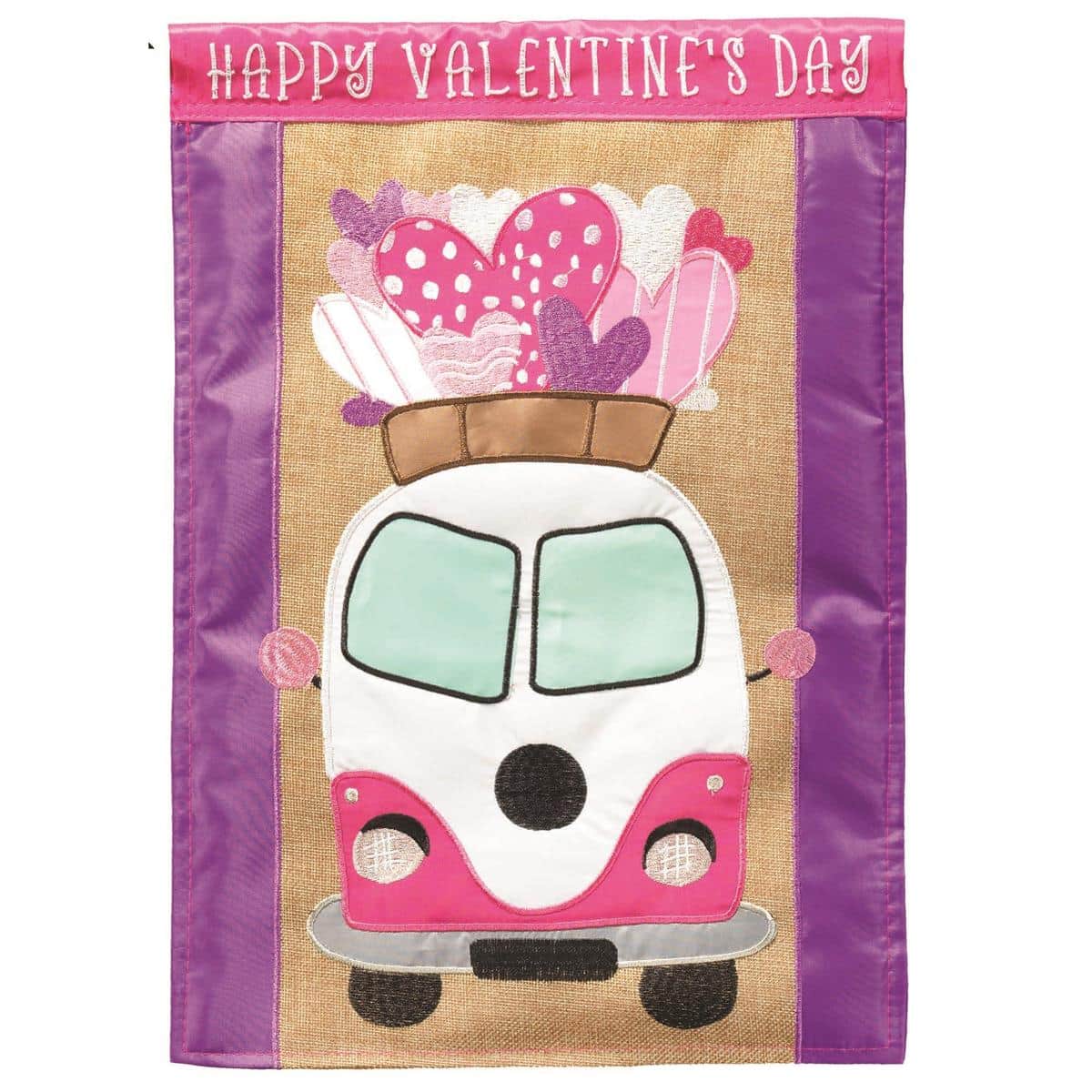 House flag featuring a red Valentine bus with hearts, 29x42 double applique, two sided readable design, durable polyester with top pole sleeve for outdoor display