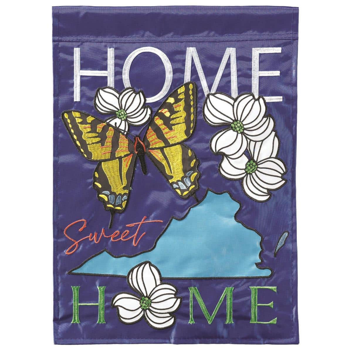13x18 Virginia Home Sweet Home double applique garden flag on a porch pole showing layered applique details and welcoming state-themed script for outdoor display