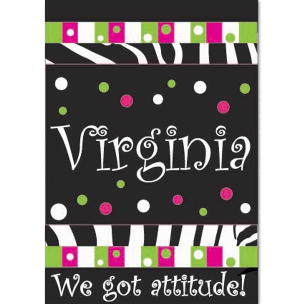 13x18 Virginia "We Got Attitude!" double-applique garden flag displayed on a porch flag holder, showing bold state slogan and layered applique textures against a classic background.