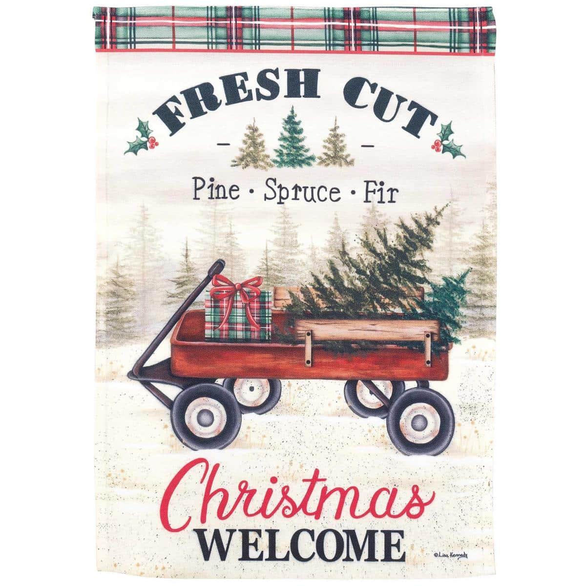 Vintage red wagon piled with fresh cut evergreen trees on a 30x44 printed Christmas banner flag shown hanging from a porch pole with subtle rustic accents and rich seasonal colors.