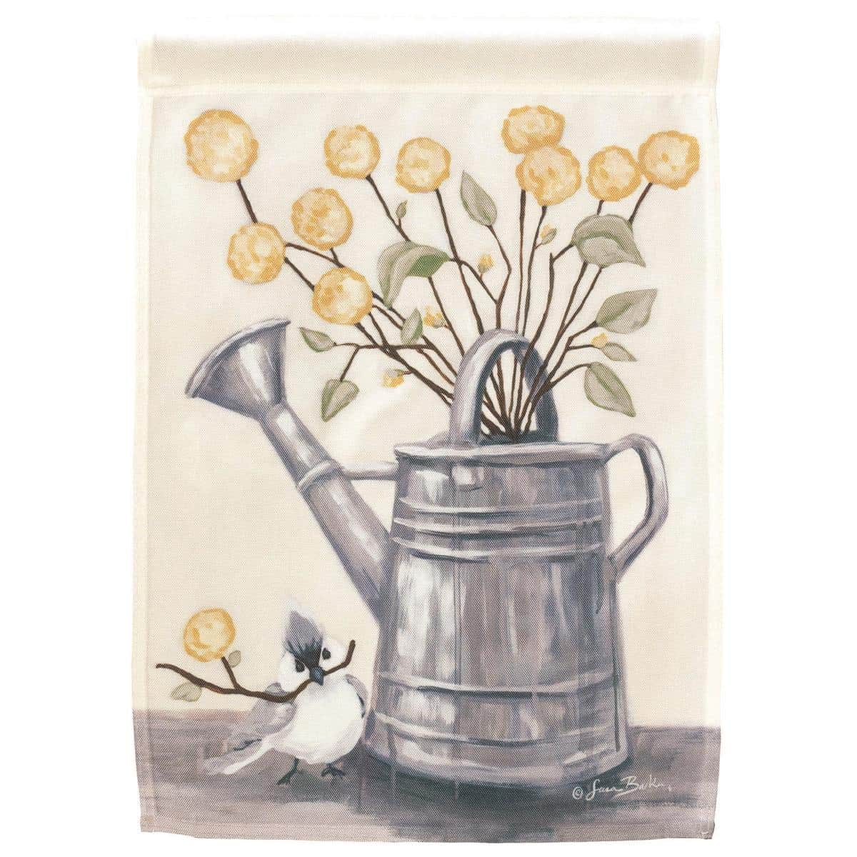 30 by 44 inch printed banner flag showing a vintage-style watering can pouring colorful flowers across a gentle garden background, designed for porch or yard display in vibrant printed colors