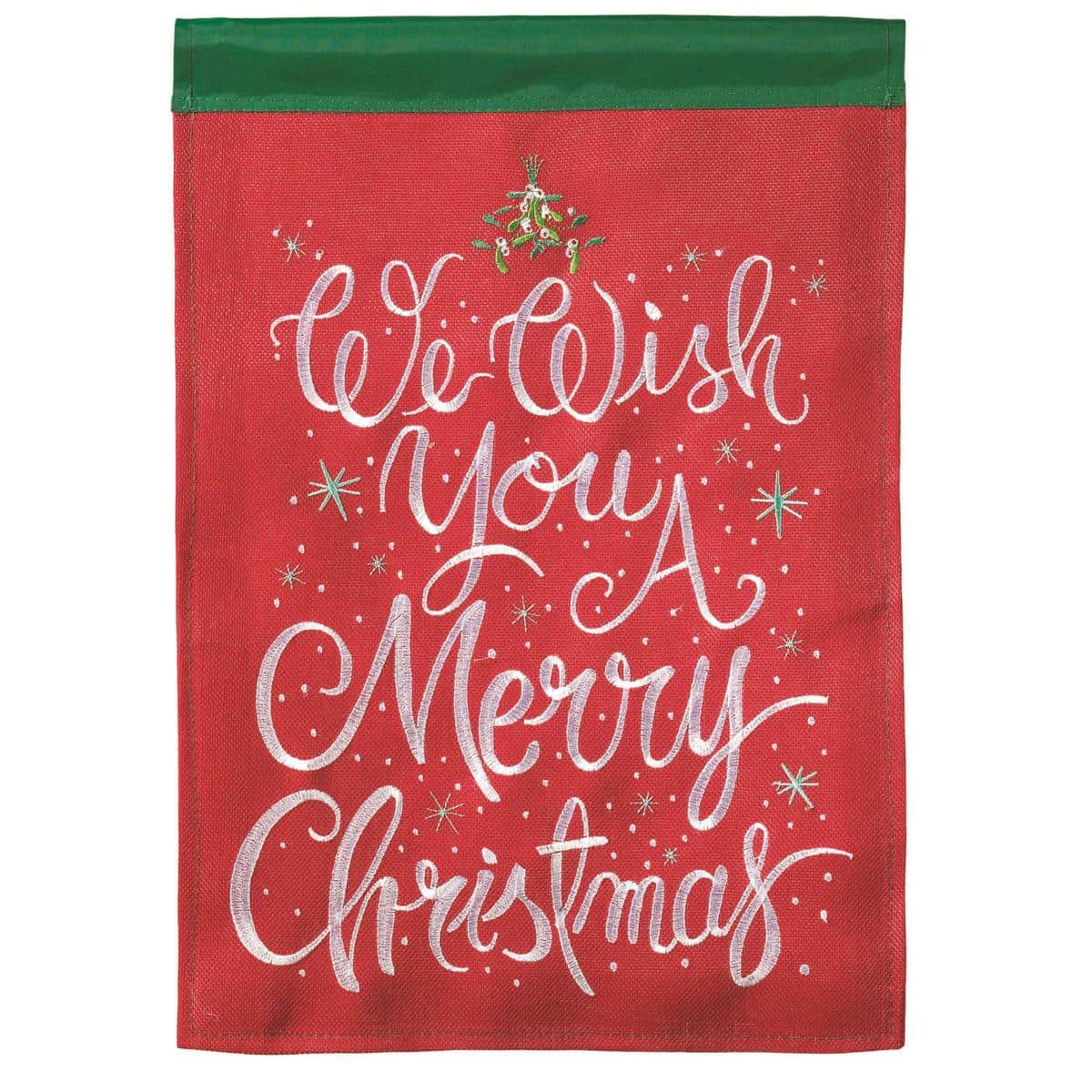 Alt text: Rustic We Wish You A Merry burlap banner flag 29x42 with double-applique lettering displayed on a porch for Christmas decor.