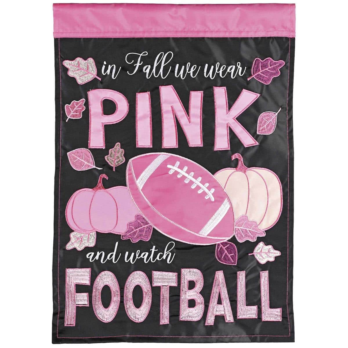 13x18 Wear Pink Watch Football garden flag showing double applique pink football helmet and "Wear Pink" script, displayed on a yard flagpole next to front steps for game day decor.