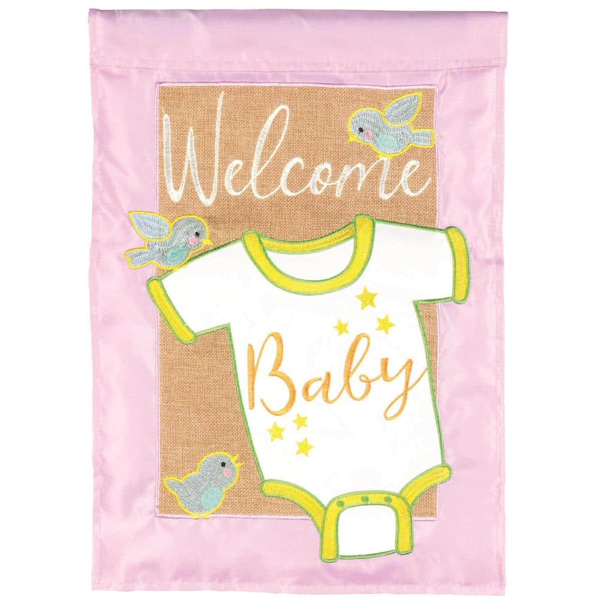 13x18 Welcome Baby burlap garden flag shown mounted on a small yard stake by a front walkway, close-up reveals double applique details, textured burlap-look surface, and the "Welcome Baby" greeting in soft, neutral colors.