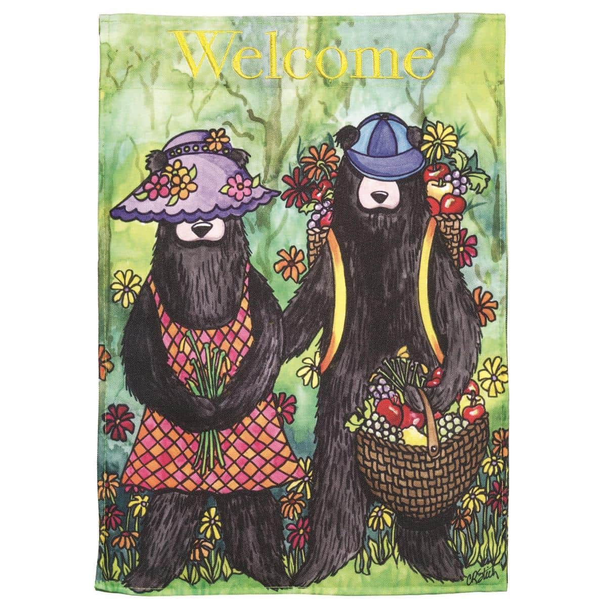 Rustic welcome flag featuring a black bear silhouette with layered applique details, sized 29 by 42 inches for porches, cabins, lodges and camping displays.