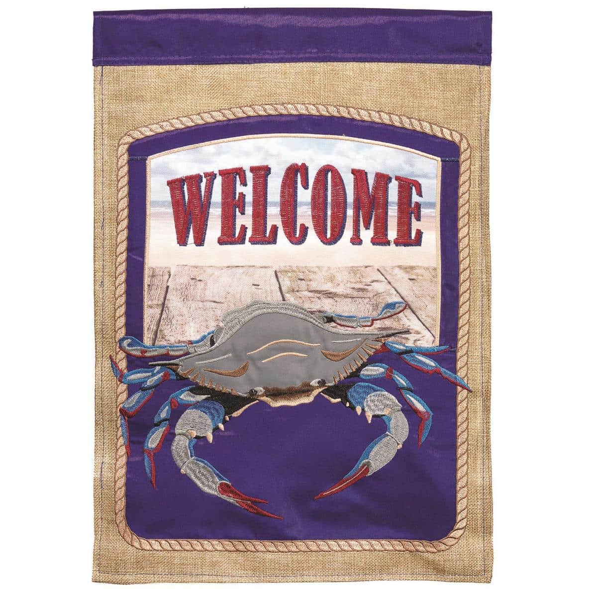 13x18 Welcome Blue Crab garden flag with double-applique-plus beach design showing a blue crab on a sandy background and a welcoming message.