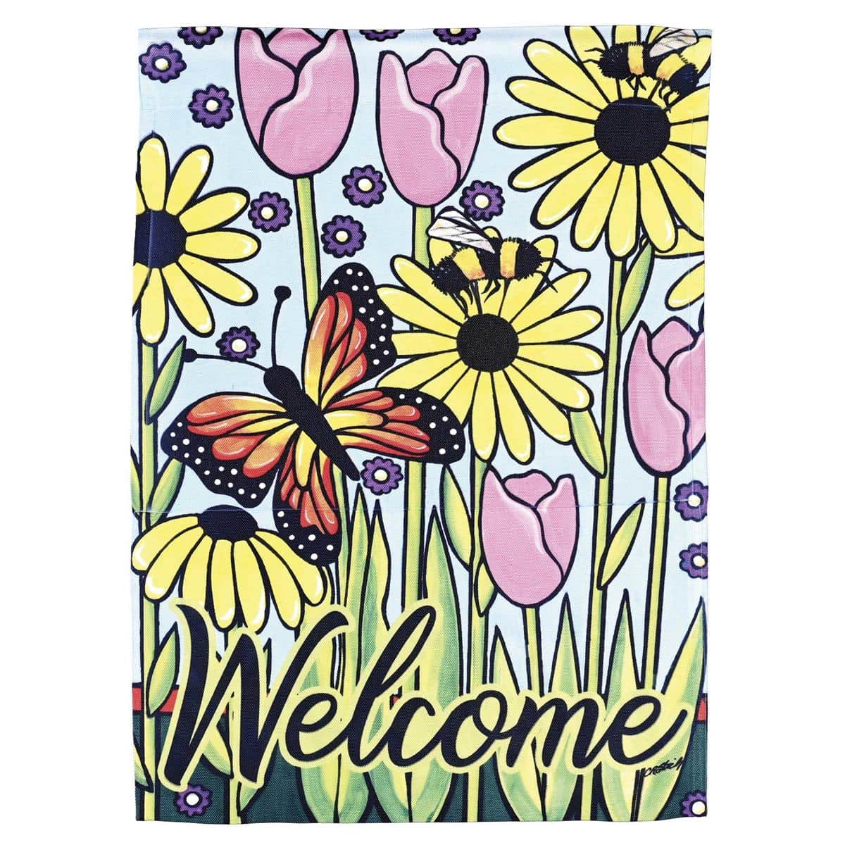 30x44 Welcome Butterfly Garden Banner Flag showing colorful butterflies and flowers on a printed banner flag, hanging from a porch flagpole with reinforced sleeve and clean hem