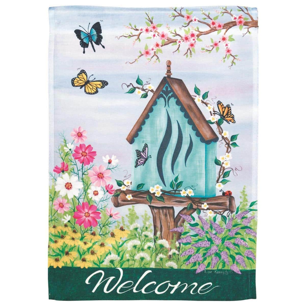 Vibrant 13x18 garden flag with butterflies and flowers and a welcome message, printed on durable polyester with top sleeve for standard garden flag stand