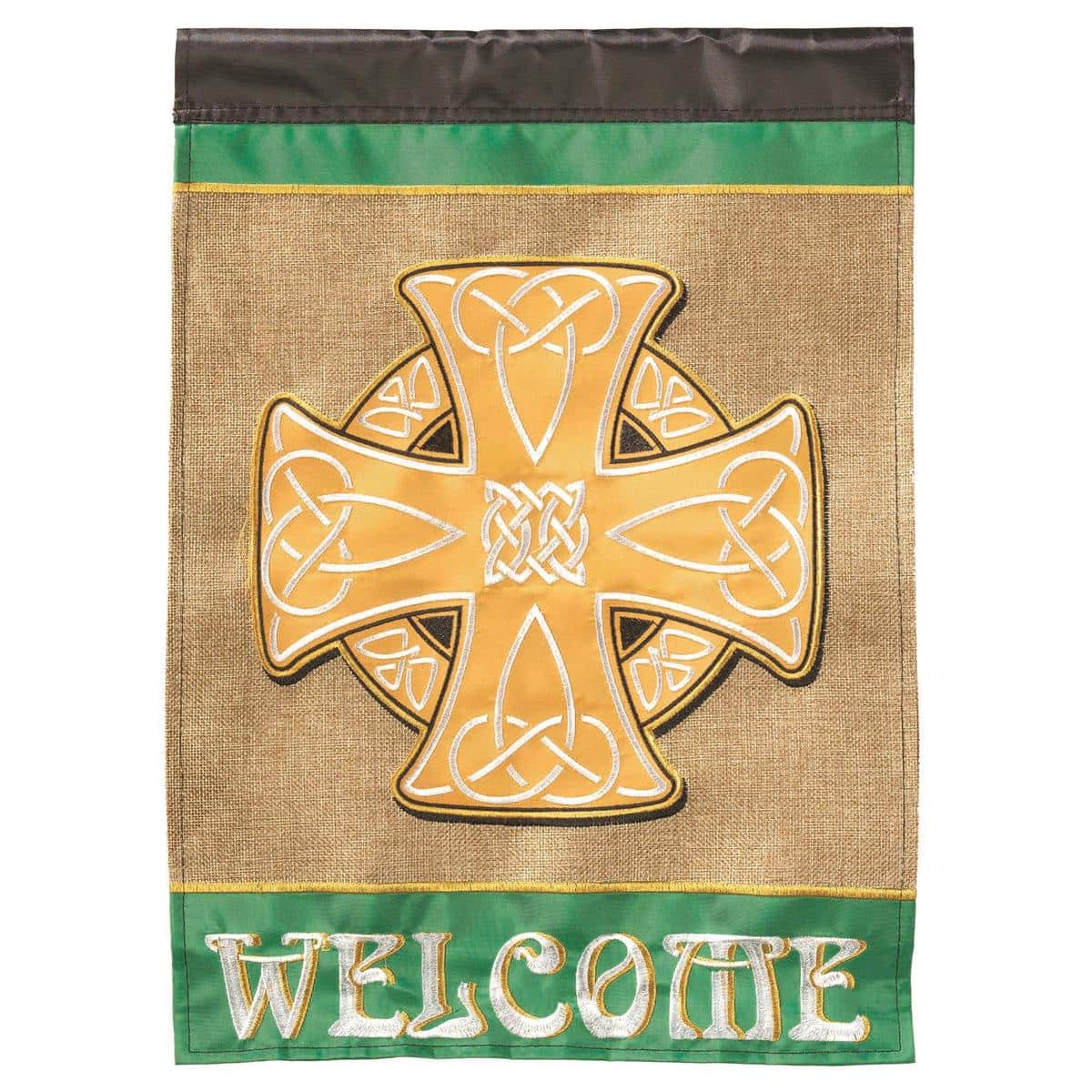 Double applique Welcome Celtic Cross 13 x 18 garden flag with green and gold Celtic knotwork, shamrocks, and top pole sleeve shown on a metal yard stand