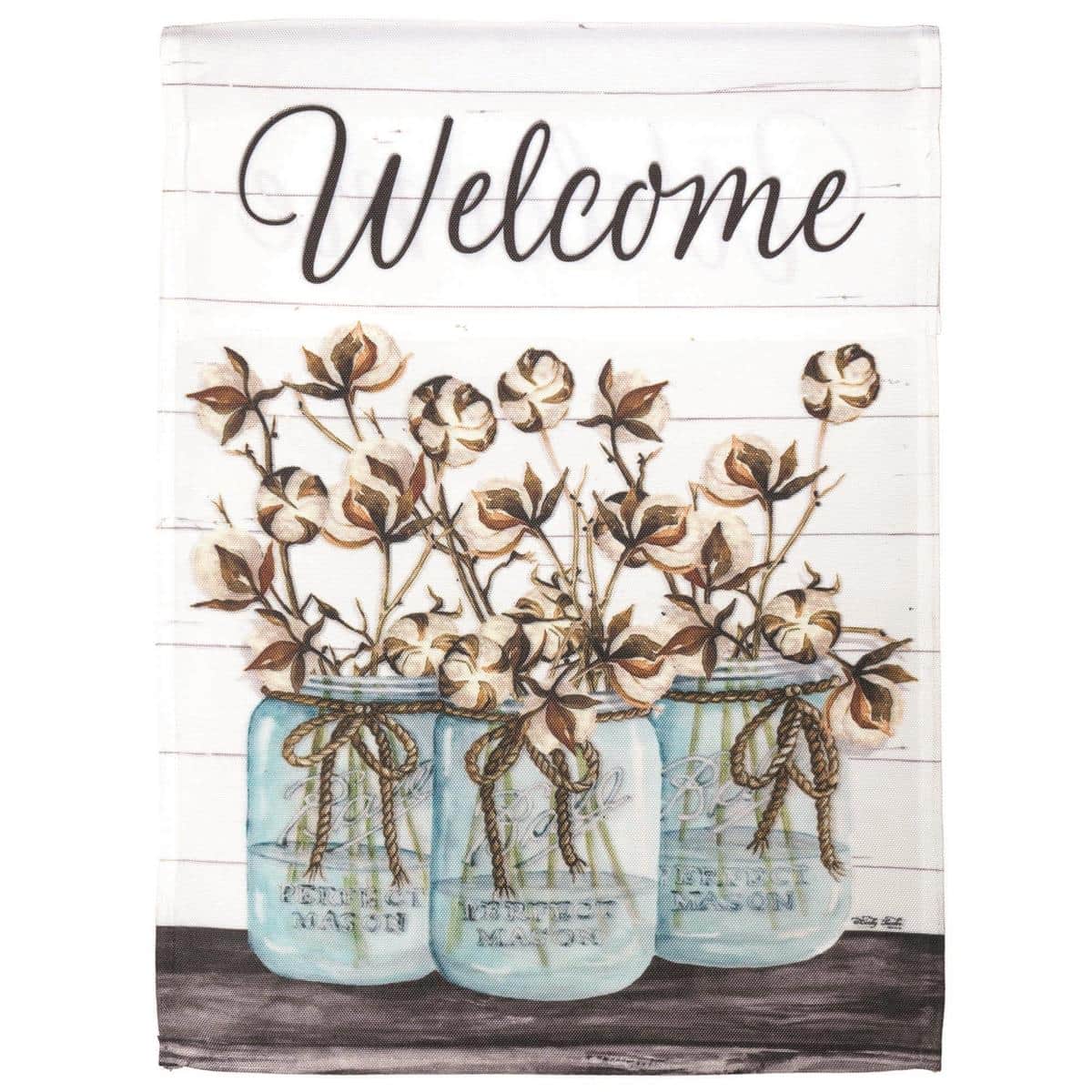 13x18 Welcome Cotton Jars garden flag showing floral mason jar design printed on outdoor fabric ready to display on a garden pole.