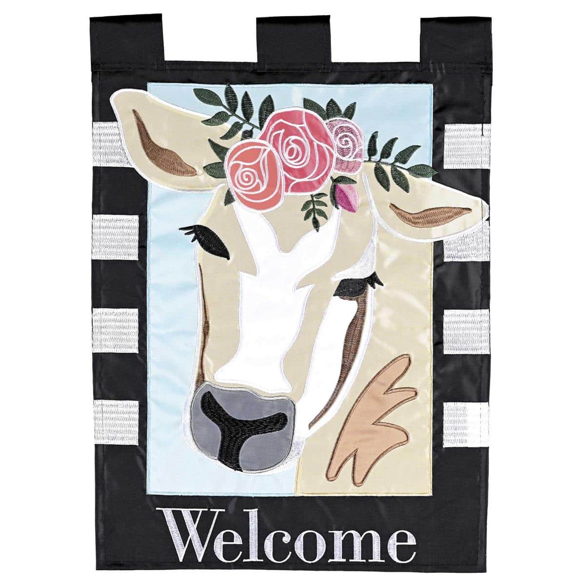 13x18 Welcome Cow Floral Garden Flag showing layered double applique cow and floral design with embroidered accents, reinforced sleeve, vibrant colors, and porch-ready display.