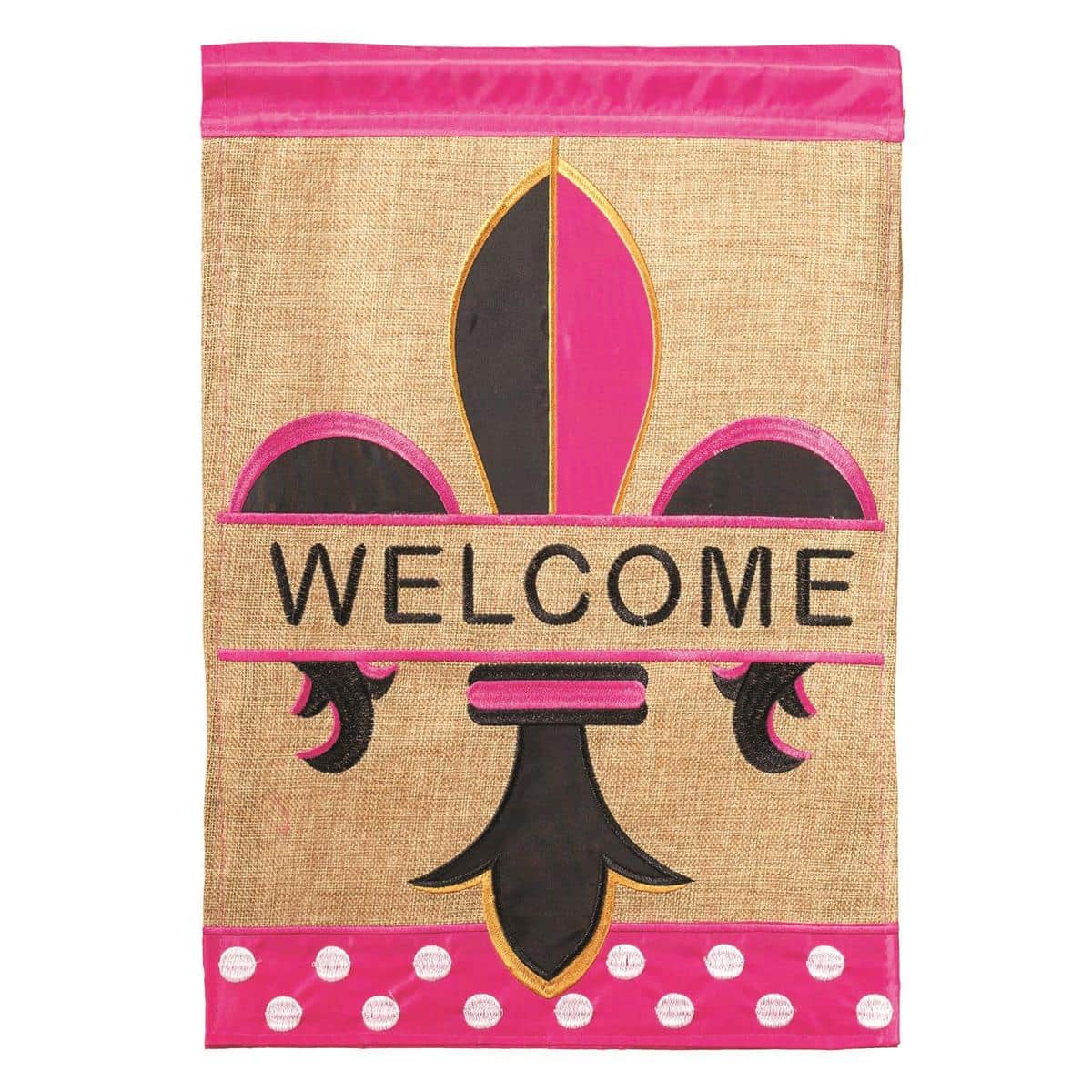 13 x 18 Welcome fleur-de-lis burlap double applique garden flag on a stand, rustic woven texture with bold emblem and welcome script for everyday outdoor display