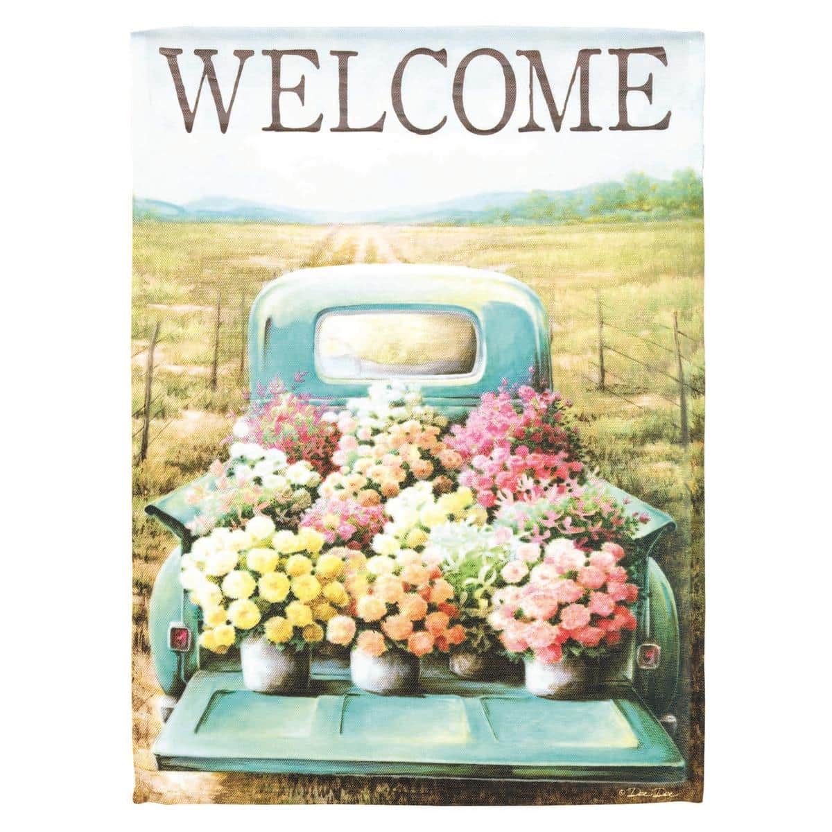 Primary product image of a 13 by 18 inch Welcome Flower Truck garden flag showing a vintage red pickup filled with colorful spring flowers and a scripted 'Welcome' message printed on durable polyester fabric for outdoor display.