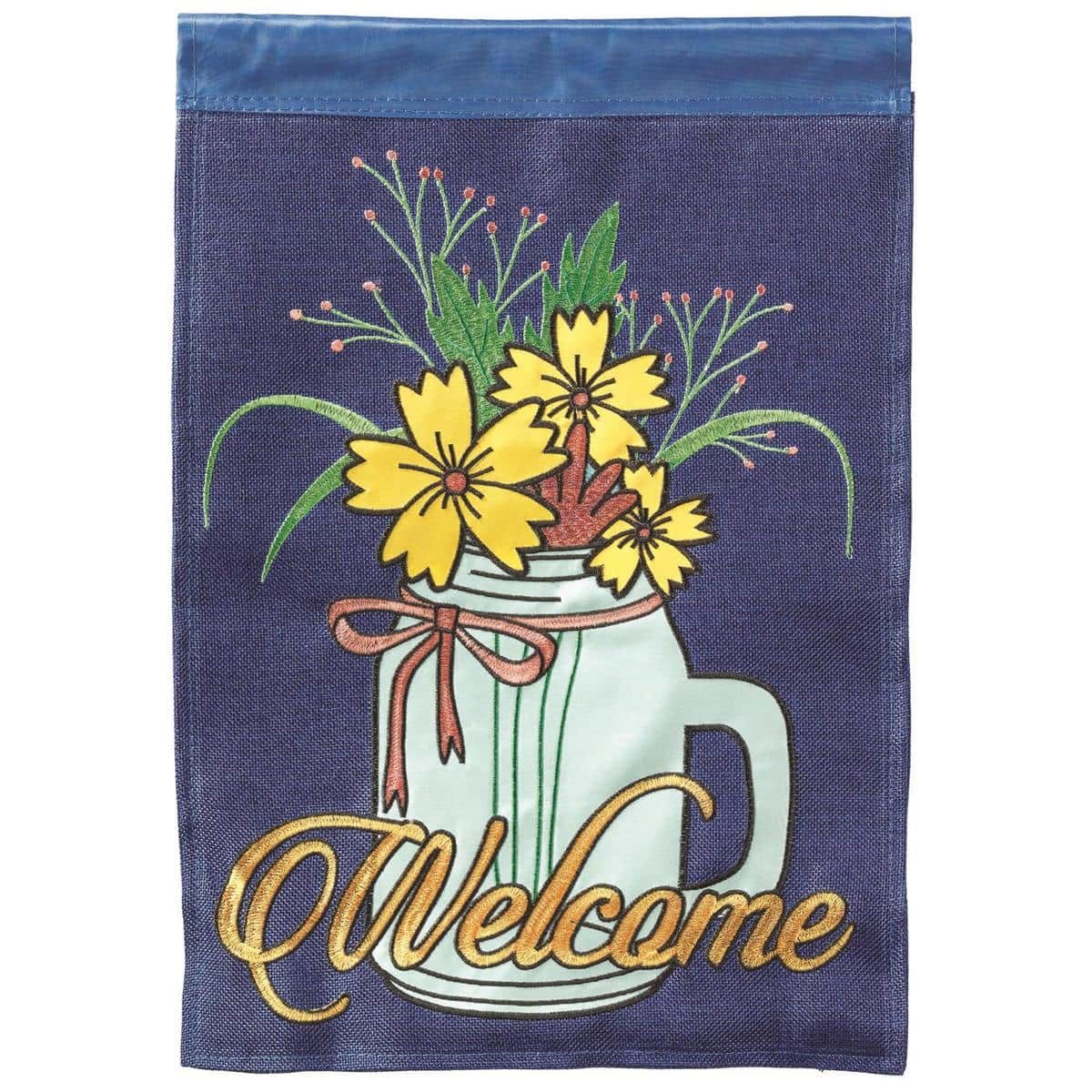 13x18 Welcome Flowers In Jar double applique burlap garden flag with two sided floral jar design and pole sleeve, displayed on a rustic garden stand