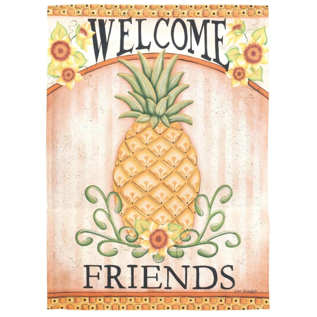 Yellow pineapple 'Welcome Friends' printed banner flag 30x44 displayed on a porch with tropical leaf accents and bright coastal colors fluttering in a light breeze.