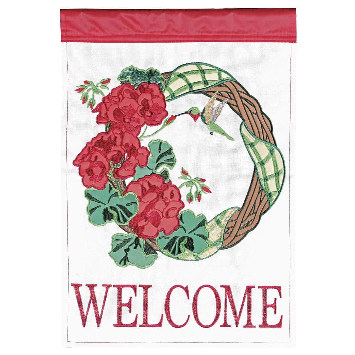 Double applique Welcome Geranium Garden Flag 13x18 with red geranium blooms and green leaves, stitched Welcome script, outdoor yard and porch decor.